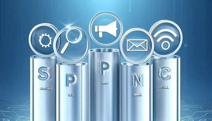 A modern infographic-style illustration showcasing the pillars of digital marketing: SEO, PPC, social media, email, and content marketing. Each pillar is represented by a clean, minimalistic icon (e.g., a magnifying glass for SEO, a megaphone for social media). The background is a gradient of blue and white, with subtle digital patterns like circuit lines, symbolizing the online world.
