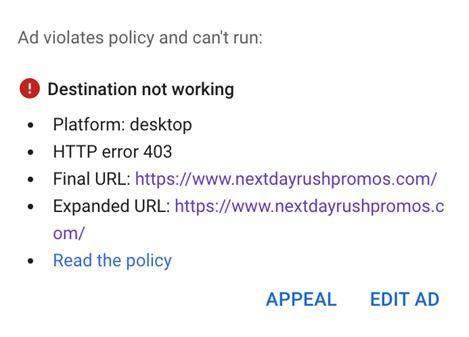 Google Ads disapproval warning for Destination Not Working