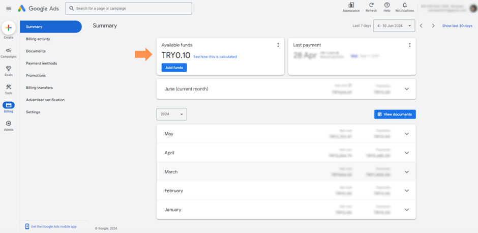 Billing summary in Google Ads showing available funds and balance