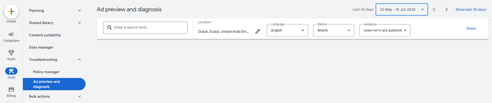 Google Ads Ad Preview tool showing the message your ad isn’t showing for searches in Iran