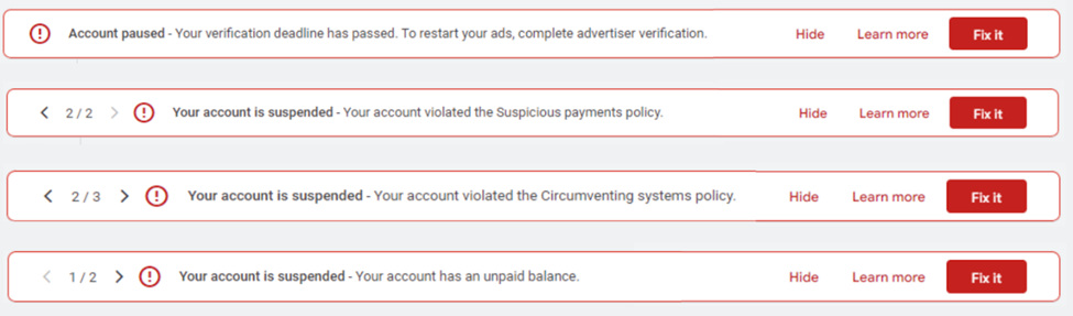 Google Ads advertiser verification alert leading to paused account