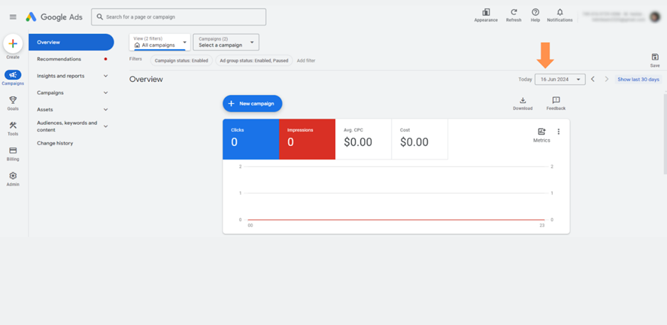 Marketer checking Google Ads date range to understand zero impressions
