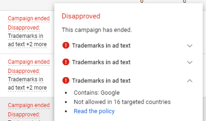 Disapproved ad warning in Google Ads due to policy violations