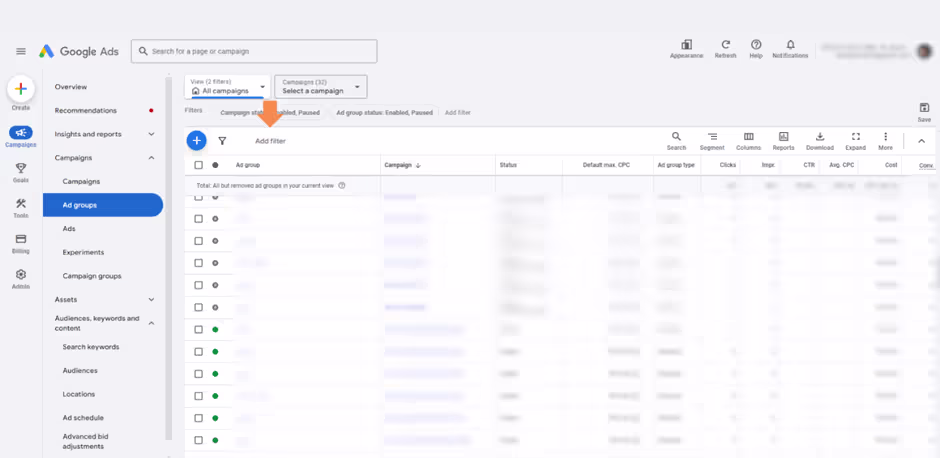 Google Ads dashboard with active filters hiding campaign impressions