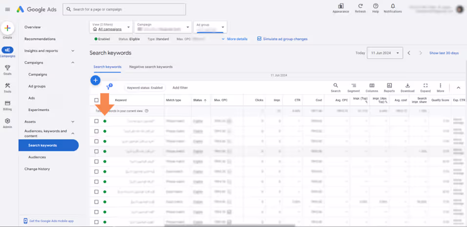 Google Ads keyword list showing low search volume and status issues