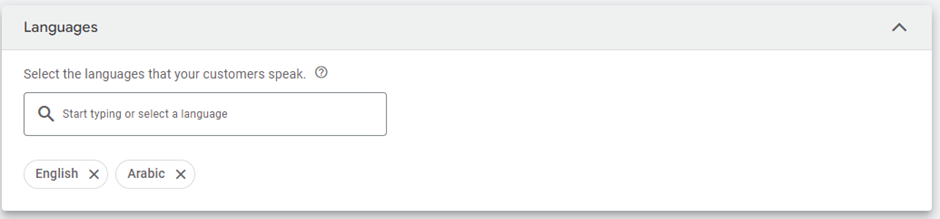 Google Ads language settings showing how to include the languages of the target country