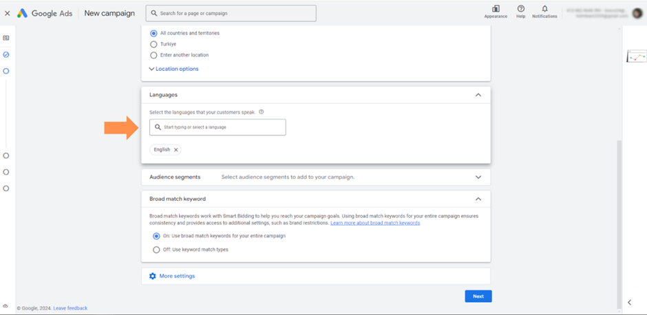 Google Ads campaign language settings based on user device language