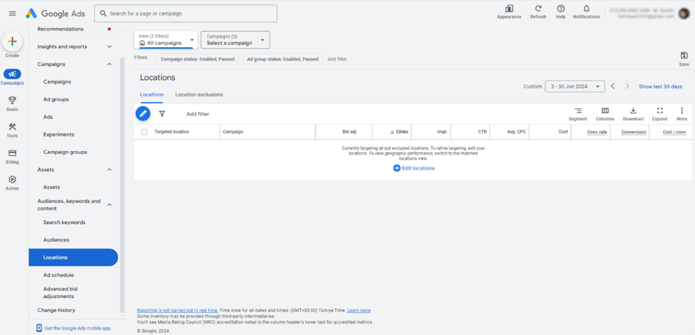 Google Ads location targeting map with excluded regions