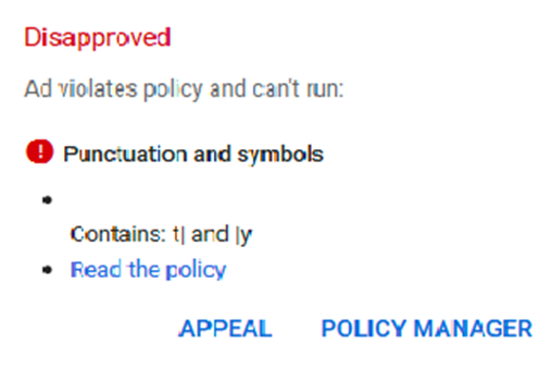 Google Ads ad text warning about incorrect grammar and excessive symbols in the ad copy