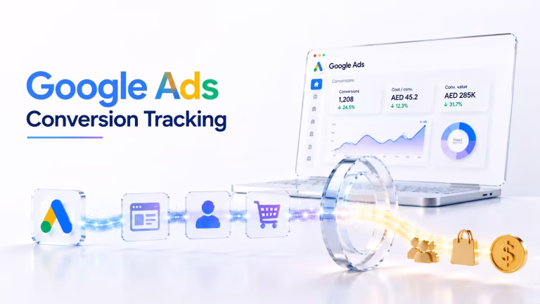 Google Ads conversion tracking dashboard showing conversions, cost per conversion and conversion value